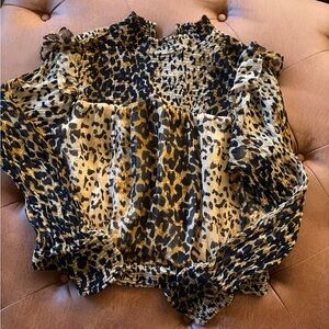 Free People Leo combo leopard print long sleeve sheer blouse shirt size M